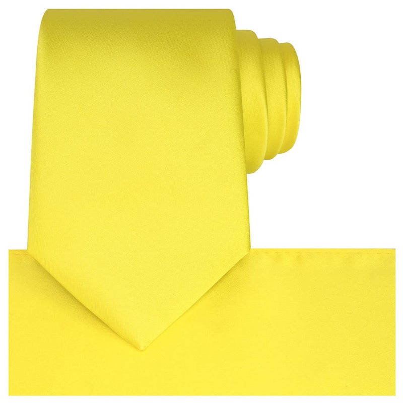 KissTies Mens Yellow Satin Tie Set Canary Solid Ties Holiday Necktie + Pocket Square - Image 1